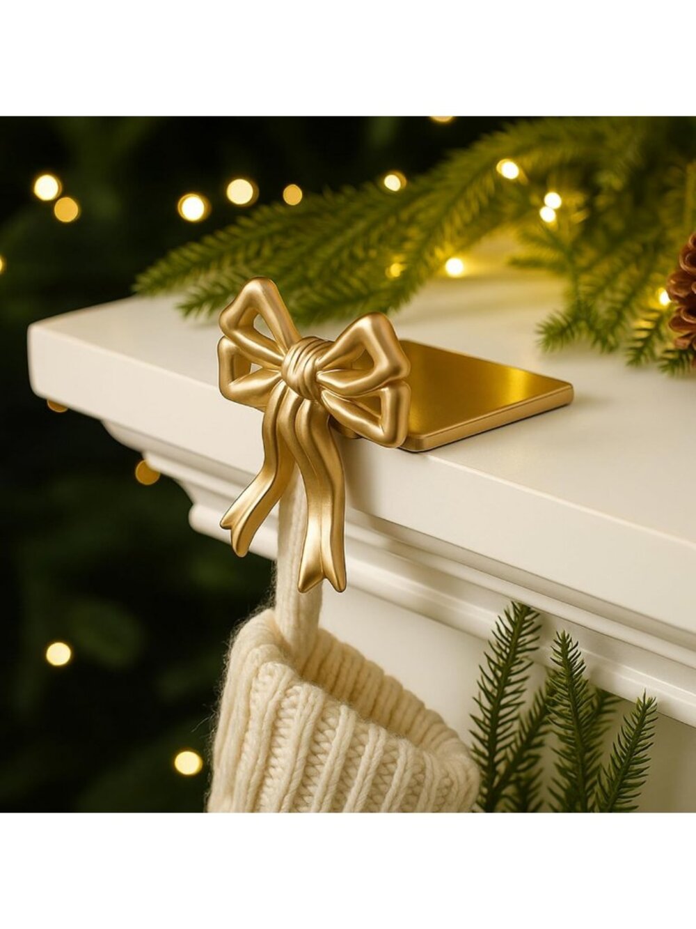 Set of 4 Heavy-Duty Gold Bow Christmas Stocking Holders - Cast Iron Decor